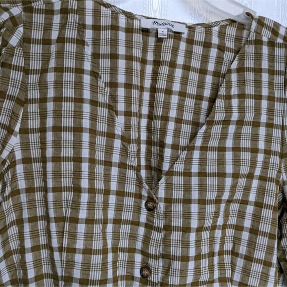 Madewell Top Women 4 Plaid 100% Cotton Button Front V-Neck Beige & White - Picture 6 of 8